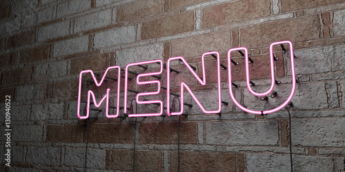 MENU - Glowing Neon Sign on stonework wall - 3D rendered royalty free stock illustration.  Can be used for online banner ads and direct mailers..