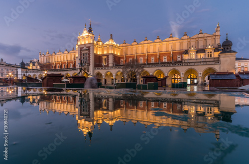 Krakow  Poland  Cloth Hall in the night  reflecting in the puddle