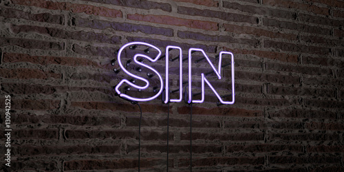 Fototapeta SIN -Realistic Neon Sign on Brick Wall background - 3D rendered royalty free stock image