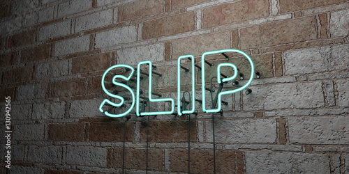 SLIP - Glowing Neon Sign on stonework wall - 3D rendered royalty free stock illustration. Can be used for online banner ads and direct mailers..