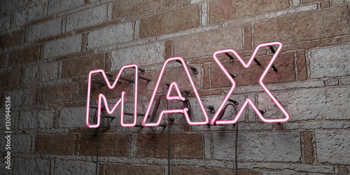 MAX - Glowing Neon Sign on stonework wall - 3D rendered royalty free stock illustration. Can be used for online banner ads and direct mailers..