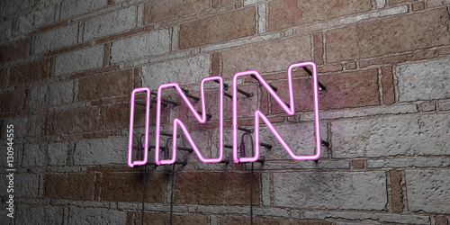 Murais de parede INN - Glowing Neon Sign on stonework wall - 3D rendered royalty free stock illustration