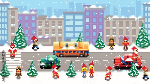 Pixel art xmas city scenery vector pattern background