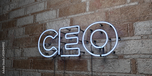 CEO - Glowing Neon Sign on stonework wall - 3D rendered royalty free stock illustration.  Can be used for online banner ads and direct mailers..