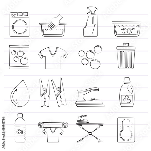 Black Washing machine and laundry icons - vector icon set