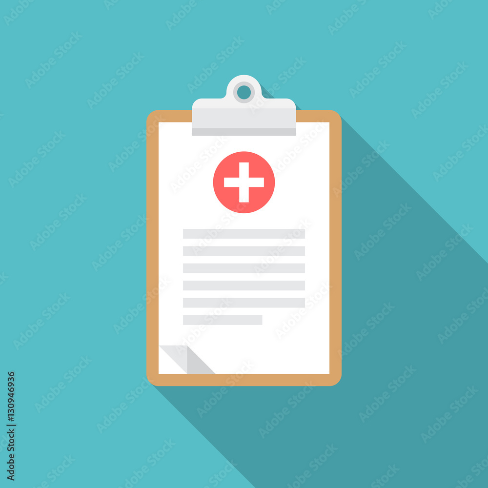 Medical clipboard icon with long shadow. Flat design style. Clipboard silhouette. Simple icon. Modern flat icon in stylish colors. Web site page and mobile app design element.
