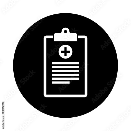 Medical clipboard icon. Black round icon isolated on white background. Round icon. Medical clipboard silhouette. Simple circle icon. Web site page and mobile app design element.