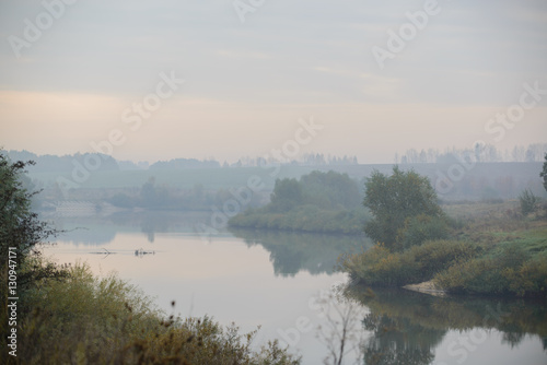 Fototapeta Naklejka Na Ścianę i Meble -  dense morning fog in the summer woods by the pond