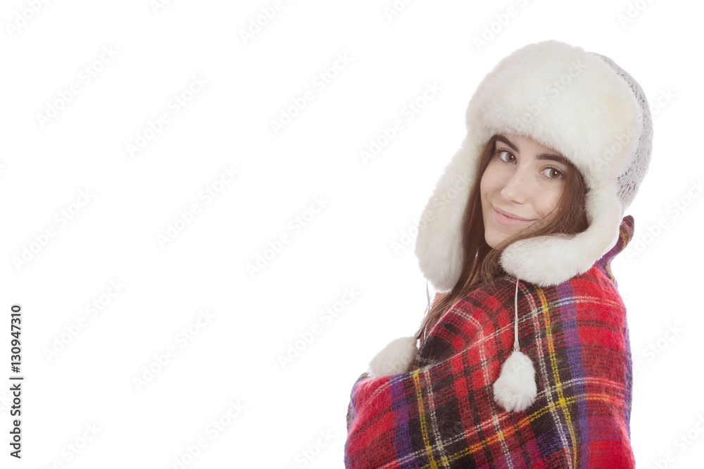 happy woman in winter hat and scarf isolated on white background with copyspace happy woman in winter hat and scarf isolated on white background with copyspace
