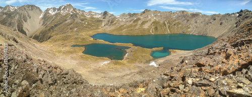 wide angle view of lake Angelus in Nelson Lakes National Park, New Zealand
