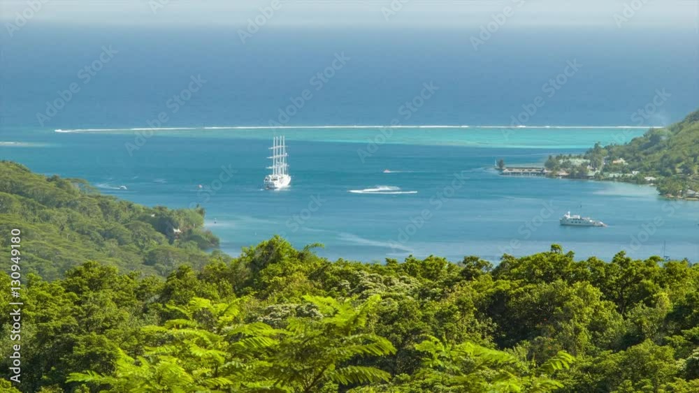 Cooks Bay Tropical Nature Landscape with Anchored Sailboat Luxury Cruise Ship on Moorea Island in Exotic French Polynesia Cooks Bay Tropical Nature Landscape with Anchored Sailboat Luxury Cruise Ship on Moorea Island in Exotic French Polynesia
