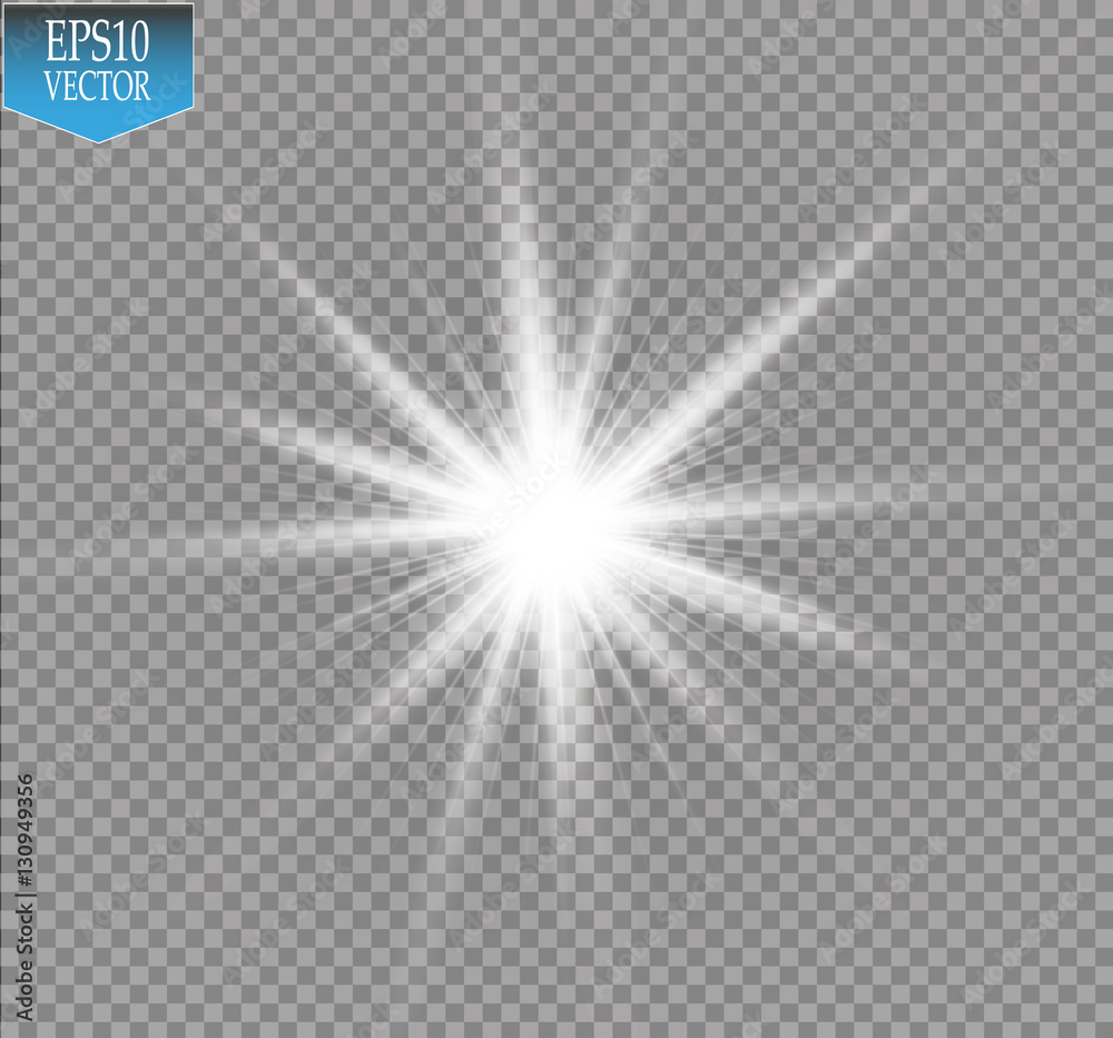 Glow light effect. Starburst with sparkles on transparent background. Vector illustration. Sun
 - obrazy, fototapety, plakaty 