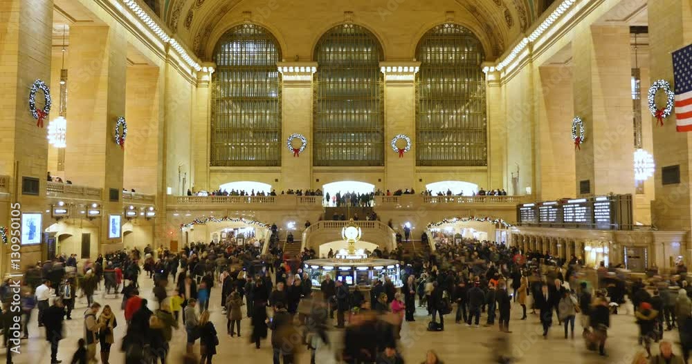 NEW YORK - Circa December, 2016 - A time lapse view of the hustle and bustle inside busy Grand Central Station decorated for Christmas.  	