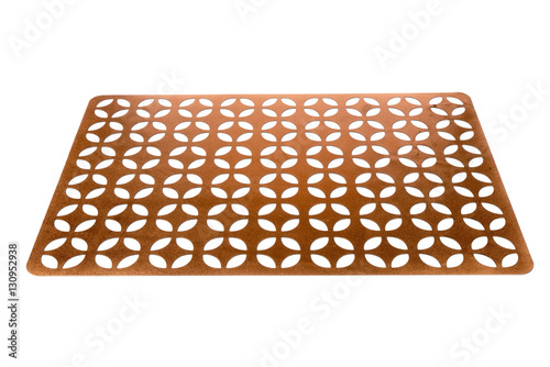 Sparkling bronze color, brown tablecloth pad, isolated on white background. Mat for Christmas, New Year, birthday, anniversary celebration, event table. Mat for food serving. Closeup.