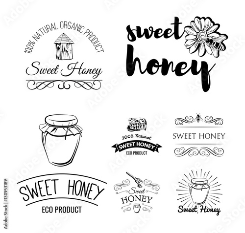 Beehive. Spoon of Honey. Flower. Honeycomb. A bee and a jar. Labels, logo and Badges Set. Vintage Illustration Vector