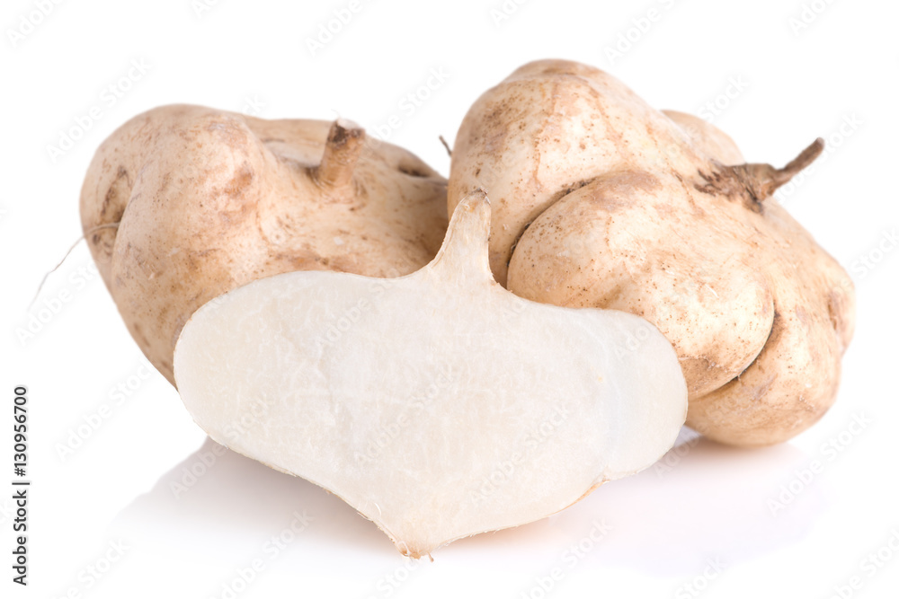 Cassava, Yam bean, Pachyrhizus erosus (L.) Urbar, Jicama on whit