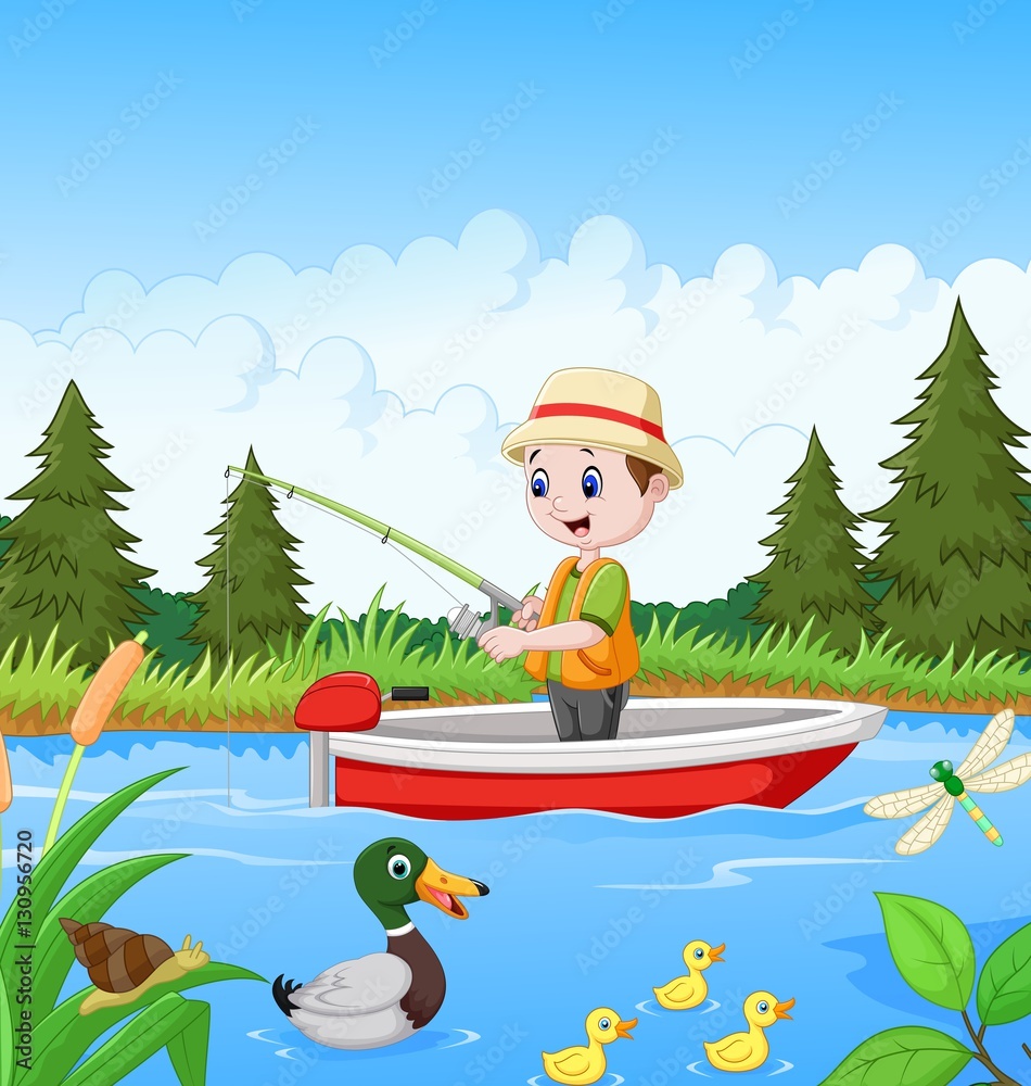 Cartoon boy fishing on a boat Stock Vector