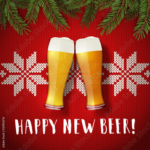Happy new beer glasses poster on a christmas sweater background. Vector greeting card with two glasses of beer, spruce branches, and scandinavian knit pattern. Hand drawn lettering congratulation