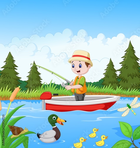 Cartoon boy fishing on a boat