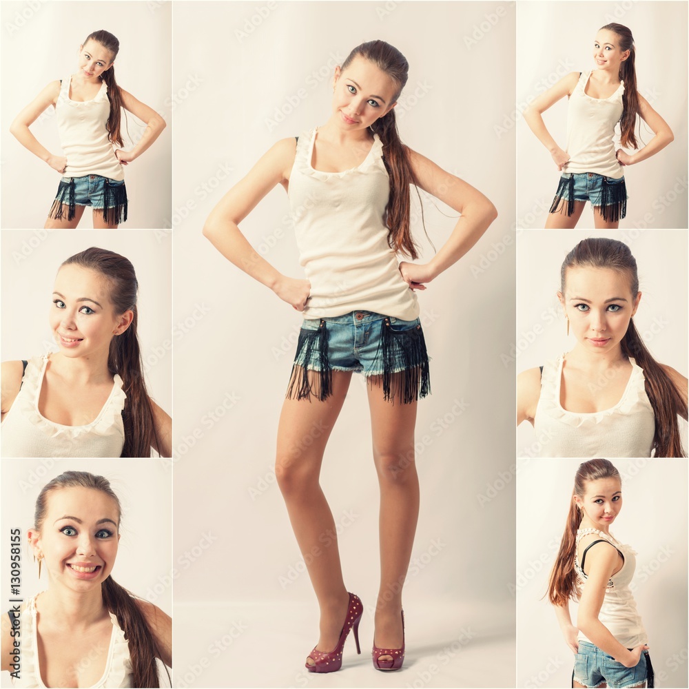 Pretty teen girl posing in jeans shorts, tank top and high heels in studio  Stock Photo | Adobe Stock