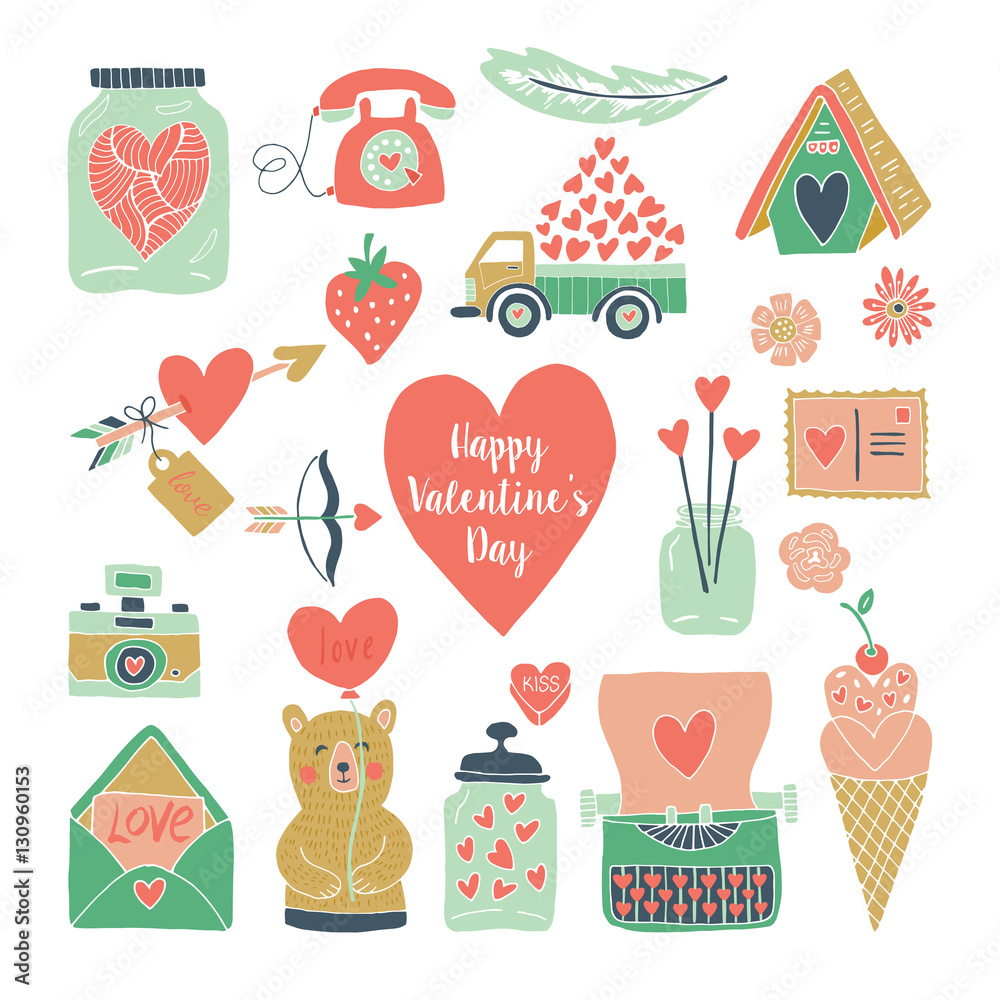 Fototapeta premium Valentines day hand drawn set for graphic and web design