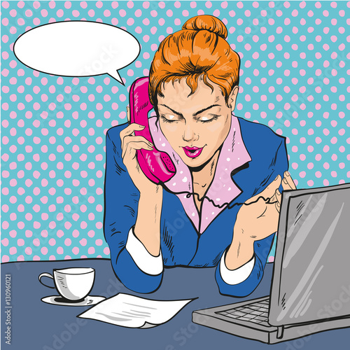 Vector Illustration of woman talking over the phone, pop art