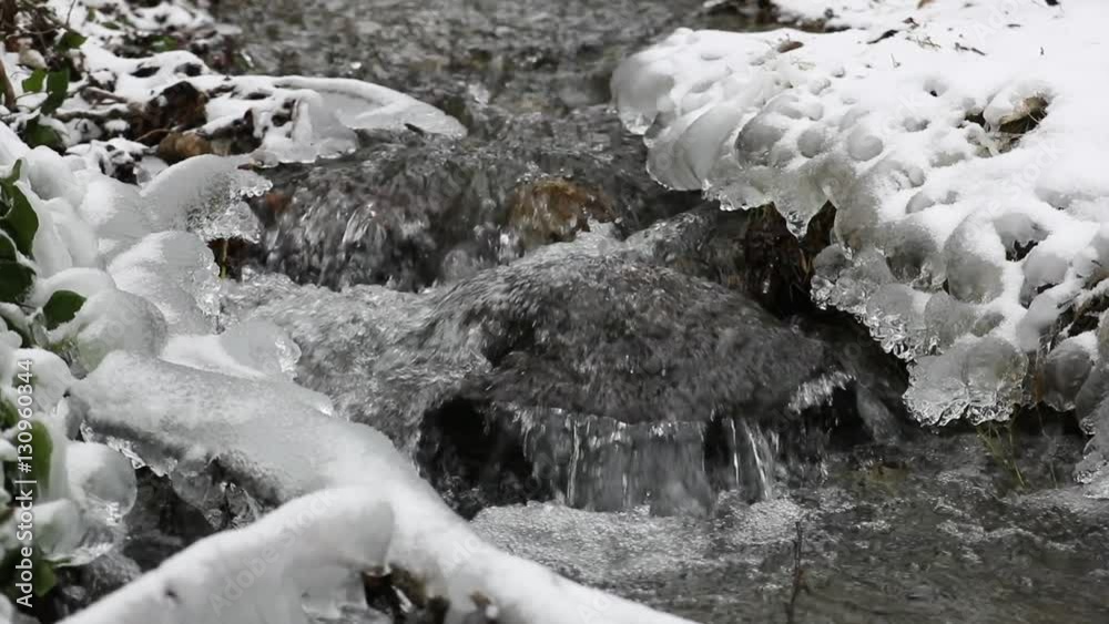 Slow Motion water splashing through icy creek