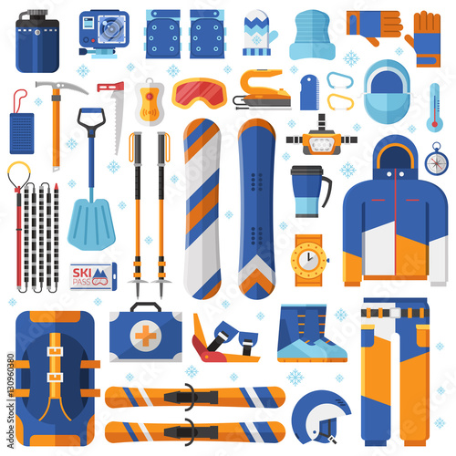 Mountain skiing and snowboarding equipment. Ski gear snowboard accessories. Jumpsuit, avalanche rescue kit and other winter sports and activity elements. Snow free ride essentials collection.