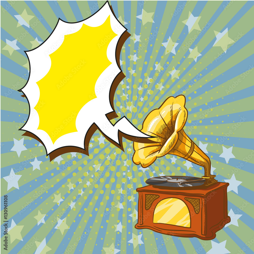 Obraz premium Vector illustration of old playing gramophone, retro pop art style.