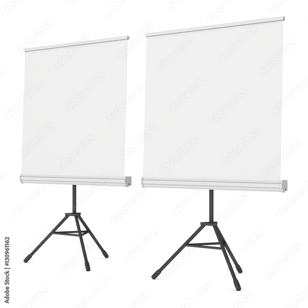 Blank Roll Up Expo Banner Stand on Tripod. Trade show booth white and blank. 3d render illustration isolated on white background. Template mockup for your expo design. Blank Roll Up Expo Banner Stand on Tripod. Trade show booth white and blank. 3d render illustration isolated on white background. Template mockup for your expo design.