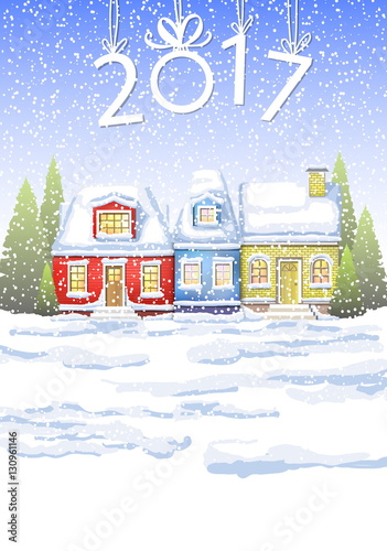 Wallpaper Mural three small houses in the winter countryside. winter card Happy New Year. winter landscape Torontodigital.ca