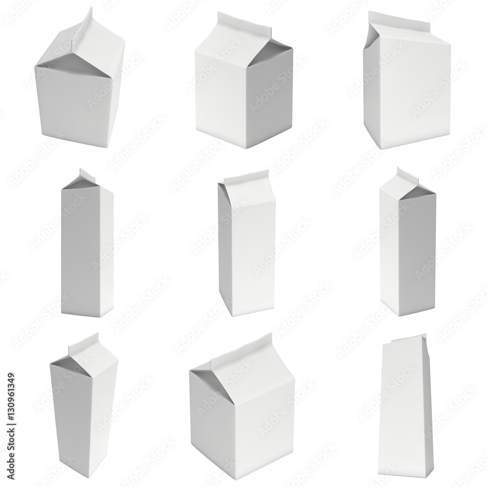 Milk or juice boxes with lid set. Retail package mockup. 3d render illustration isolated on white. Milk or juice boxes with lid set. Retail package mockup. 3d render illustration isolated on white.