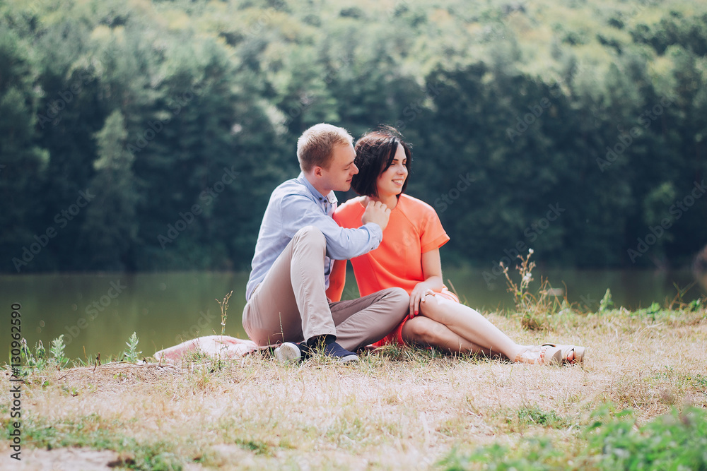 loving couple walking park