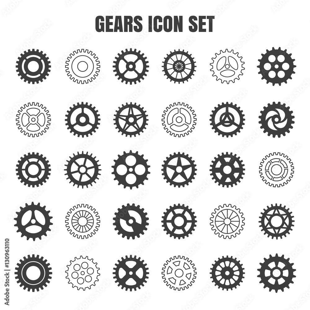 Gear icon set. Vector transmission cog wheels and gears isolated on white background