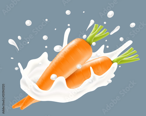 Realistic vector vector illustration of milk splash with two carrots