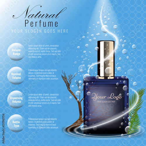 Perfume ads template, glass bottle mockup for ads or magazine. Transparent liquid drip on background. 3D illustration.