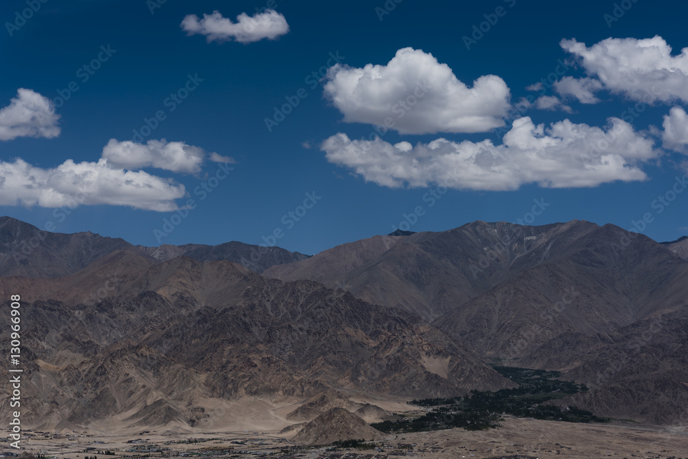 Settlement marked by green in barren rugged mountain terrain of Ladakh. Ladakh is a cold desert in Tibetan plateau. Settlement marked by green in barren rugged mountain terrain of Ladakh. Ladakh is a cold desert in Tibetan plateau.