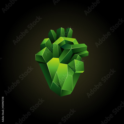 Green low poly human heart on a black background. Abstract anatomy blood organ. Healthy heart in 3D polygon style