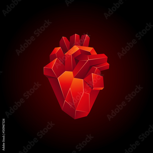 Red low poly human heart on a black background. Abstract anatomy blood organ. Heart in 3D polygon style.
