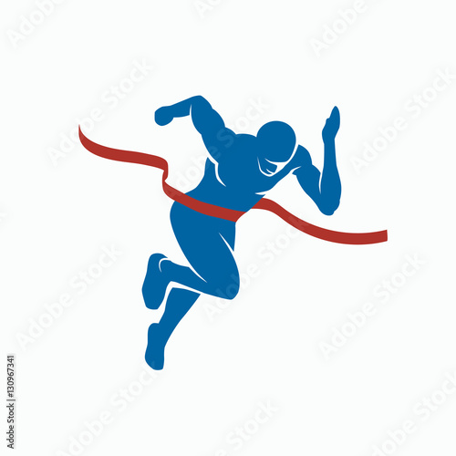 Sprinter and finish tape. Sports vector silhouette of the winner on a white background.