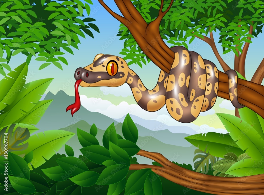 Fototapeta premium Cartoon Royal Python snake creeping on a branch