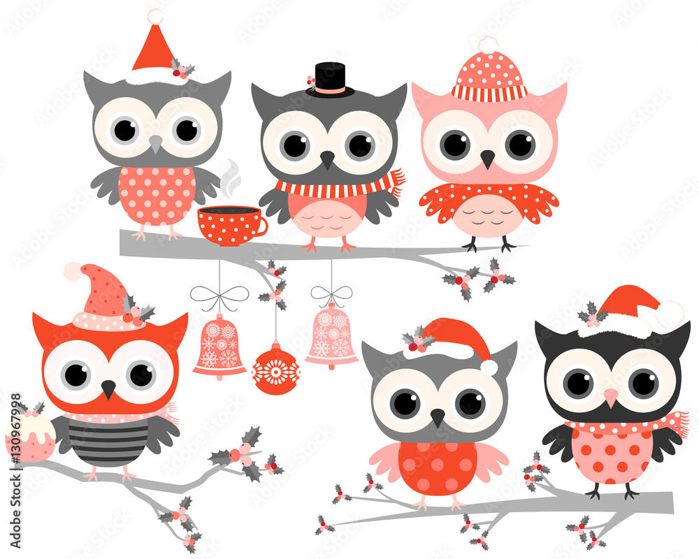 Fototapeta premium Cute winter owl birds in red and grey colors