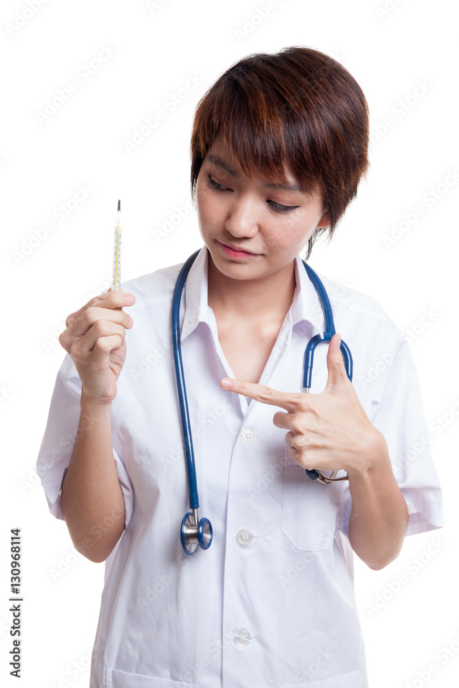 Close up young Asian female doctor with thermometer. Close up young Asian female doctor with thermometer.
