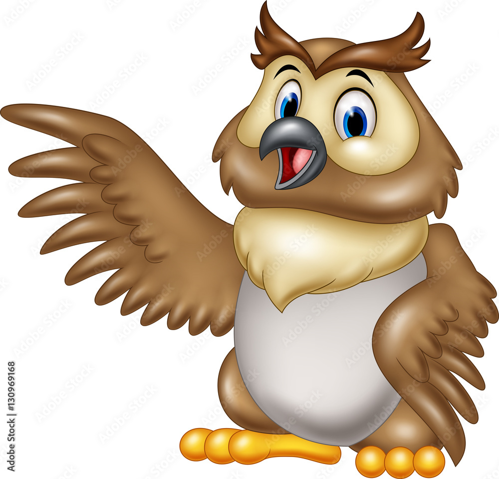 Fototapeta premium Cartoon owl waving isolated on white background