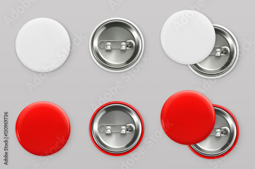 Blank white and red badges. Pin button. 3d vector realistic mockup