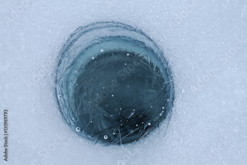 frozen hole on the surface of the pond
