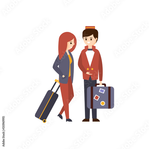 Bellhop Helping A Female Guest With Luggage Hotel Themed Primitive Cartoon Illustration