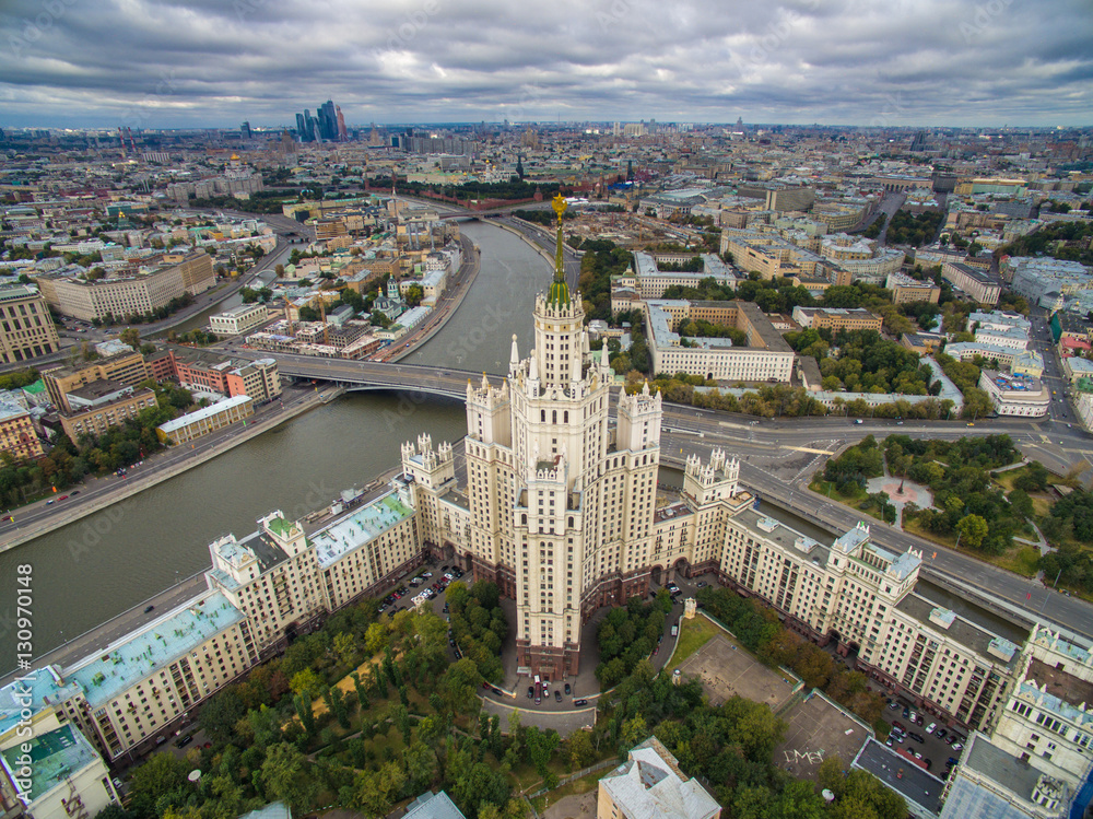 Aerial view of the Kotelnicheskaya Embankment Building and center of Moscow, Russia