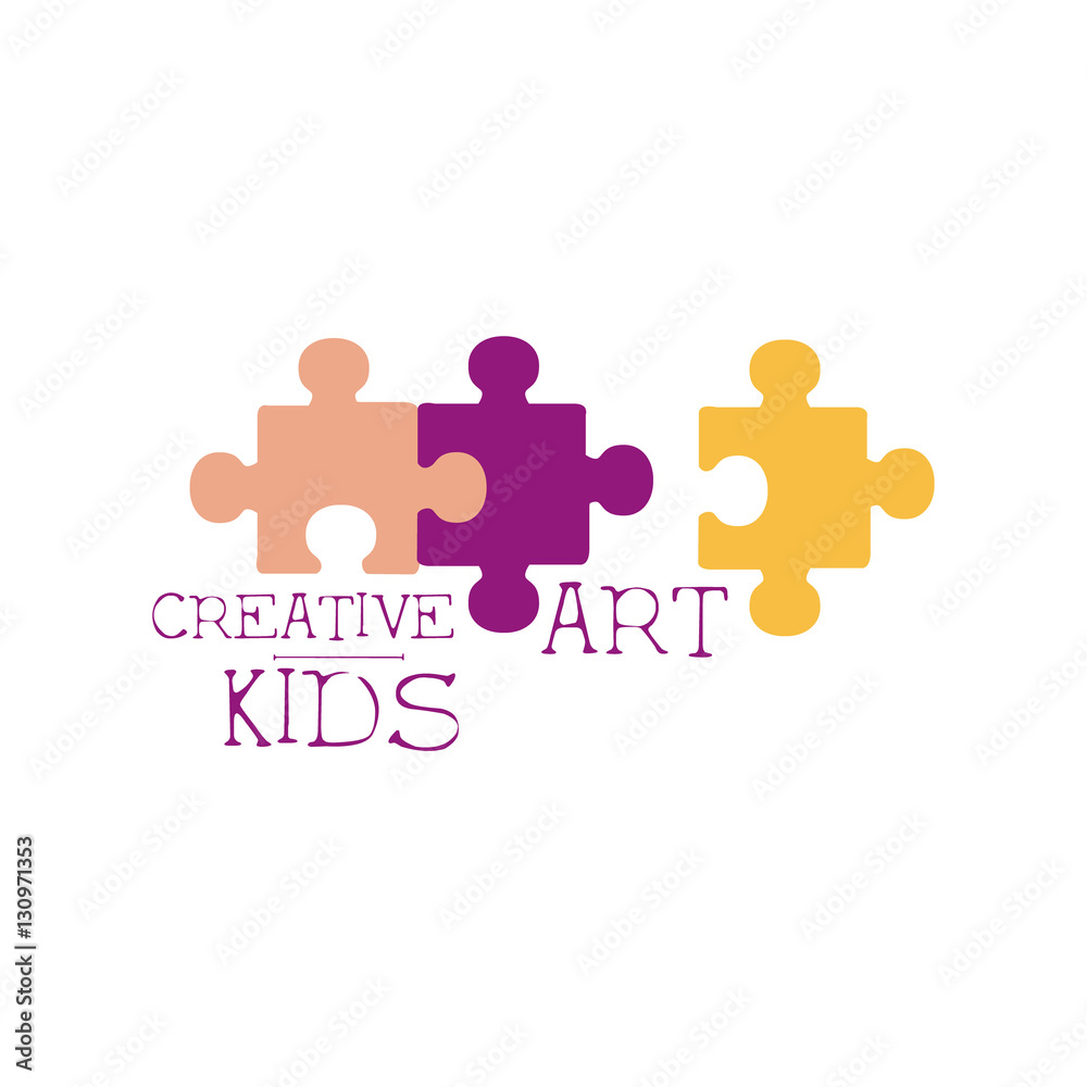 Kids Creative Class Template Promotional Logo With Puzzle Pieces, Symbols Of Art and Creativity Kids Creative Class Template Promotional Logo With Puzzle Pieces, Symbols Of Art and Creativity