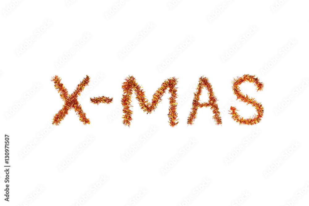 Inscription X-MAS made of  red and yellow tinsel on a white background. Isolated